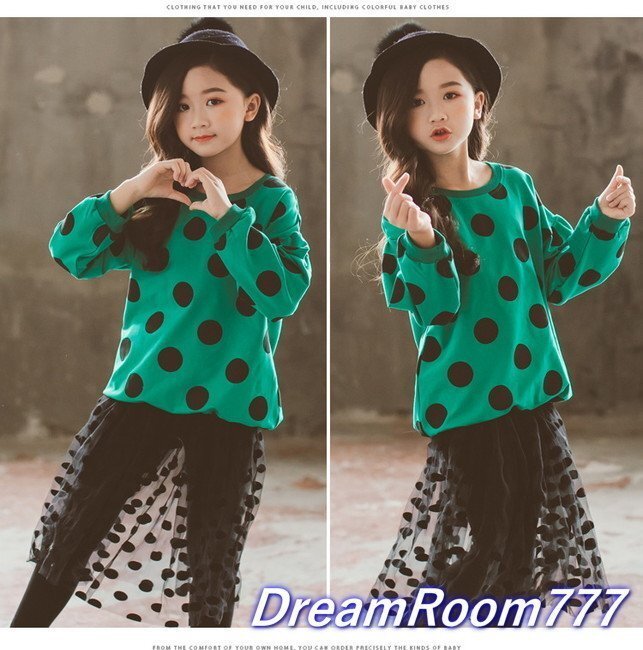 【130cm】グリーン ドット柄tops&シフォンチュールフレアスカート セットアップ 子供服 女の子 韓国子供服拍卖