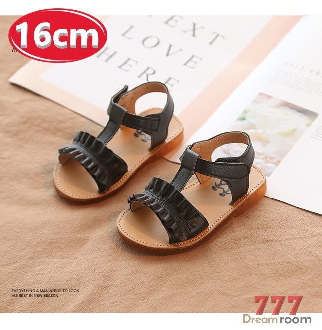 kids 滑り止め付き フリルベルト サンダル 【ブラック 16cm】 韓国子供服 キッズ滑り止め付き フリルベルト フォーマル 女の子拍卖