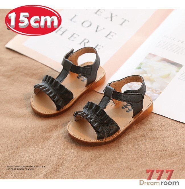 kids 滑り止め付き フリルベルト サンダル 【ブラック 15cm】 韓国子供服 キッズ滑り止め付き フリルベルト フォーマル 女の子拍卖