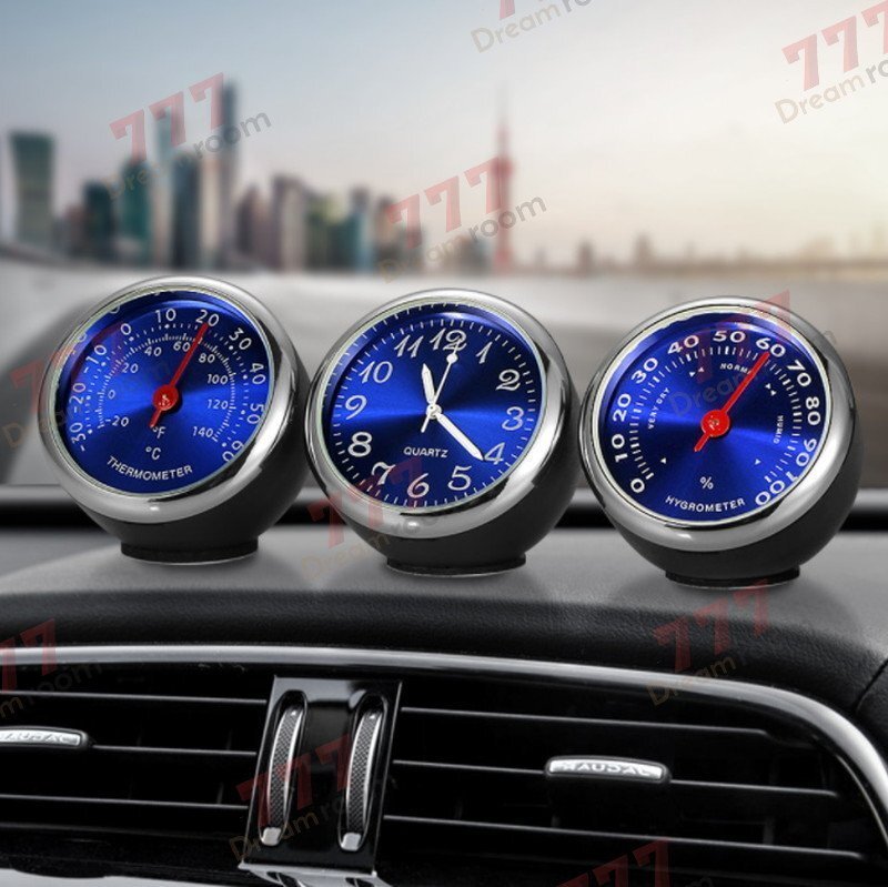 アナログ 3連メーター風 温度計 湿度計 時計 ブルー マルチ車載 アクセサリー ラグジュアリー 車 インテリア 装飾飾り 自動 車時計拍卖