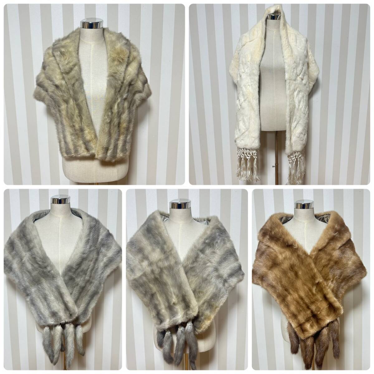 ★1円〜【毛皮5点まとめ】 ストール ショール ミンク 大判 毛皮 本毛皮 高級 ファー グレー ホワイト ブラウン 成人式 和装 K161109拍卖