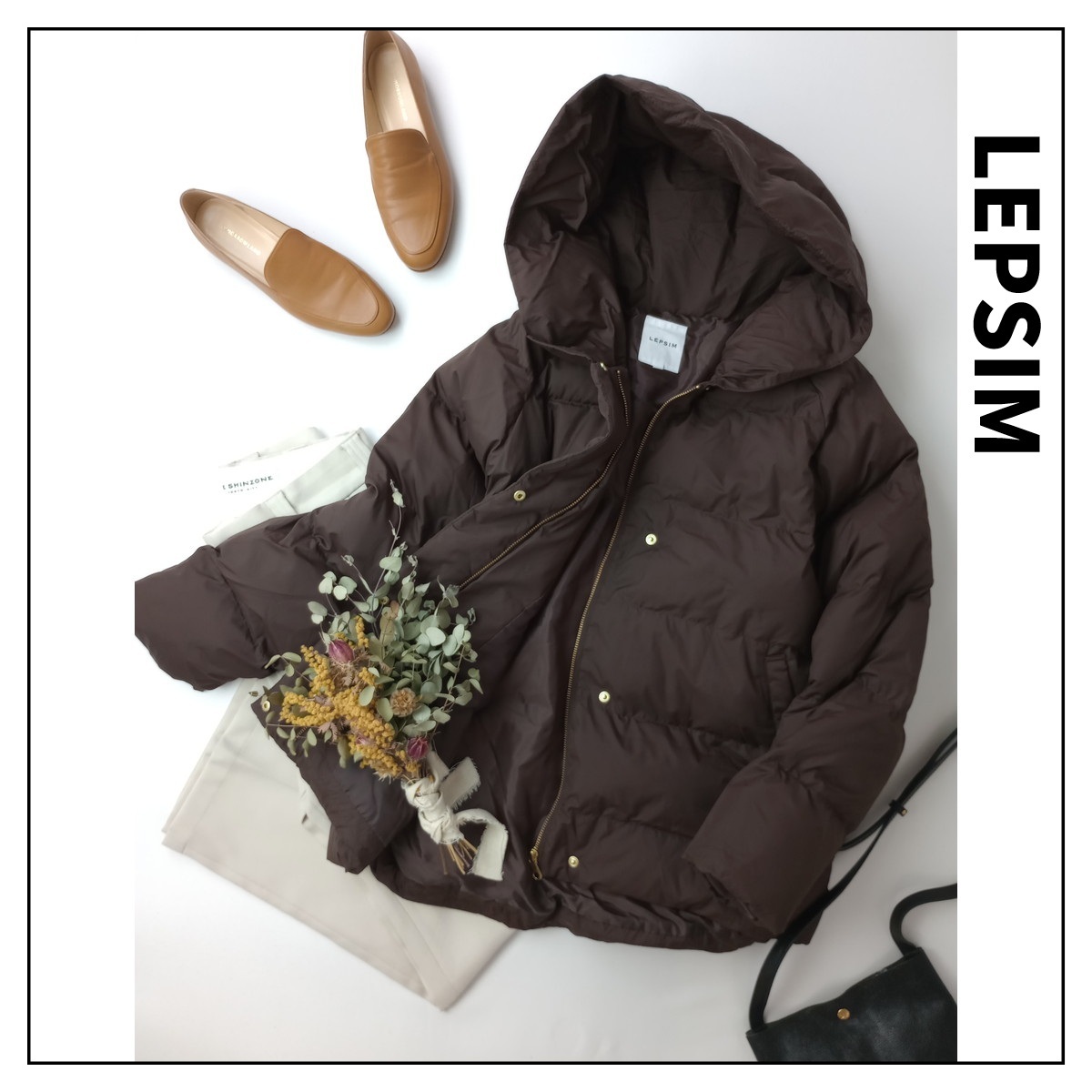LEPSIM レプシィム「とことん着れて定番に欠かせない♪」フード2WAY 中綿 ミドル ジャケット ドロスト アウター M ブラウン(44M+2091)拍卖