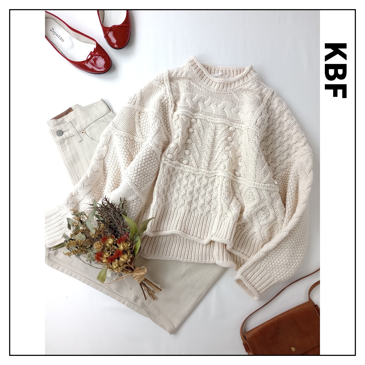 KBF/アーバンリサーチ「迷ったらこれ!」ウール 毛 混 ケーブル編み パッチワーク ニット プルオーバー 長袖 Free アイボリー(45M+7928)拍卖