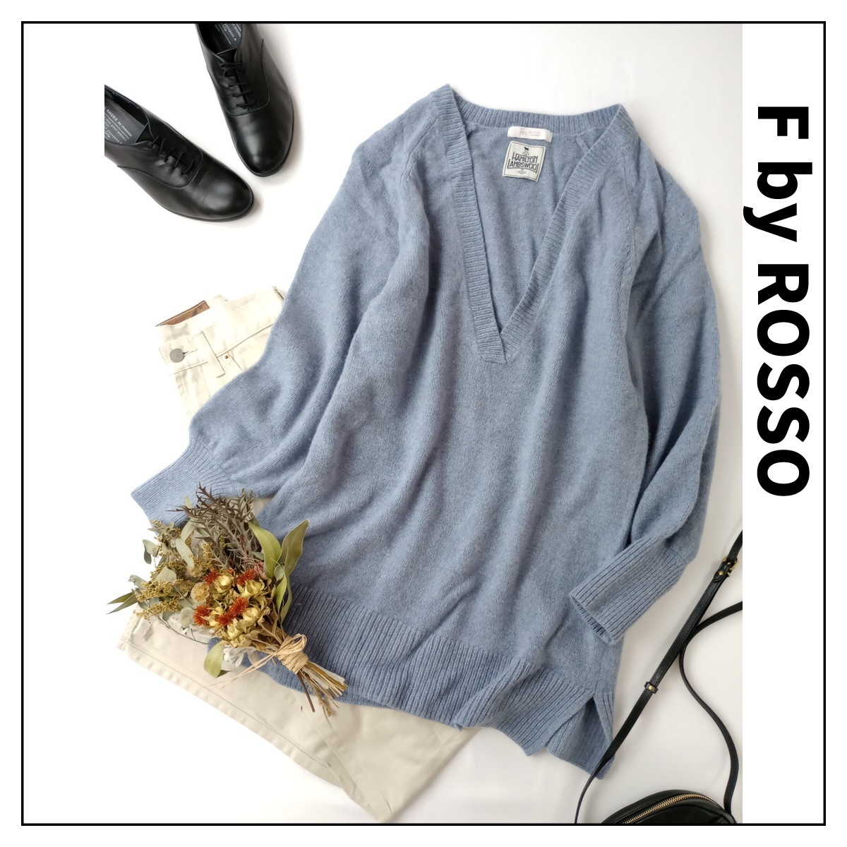 定価13,750円 F by ROSSO エフバイロッソ「心くすぐる♪」ハミルトンラムズ ウール 混 Vネック チュニック ニット Free ブルー(45M+2100)拍卖