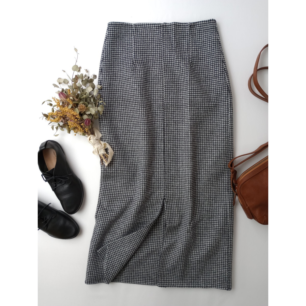 PLST「いつもの私をクラスアップさせる。」千鳥格子柄 ロング ナロースカート タイト ウール 毛 混 M ブラック系(16M+8516)拍卖