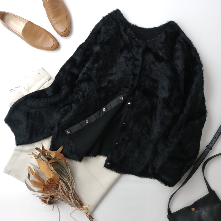 PLST「そう、黒ってやっぱり魅力的。」フェザーヤーン 前後2WAY カーディガン ニット プルオーバー L 黒 ブラック (10Y+3842)拍卖