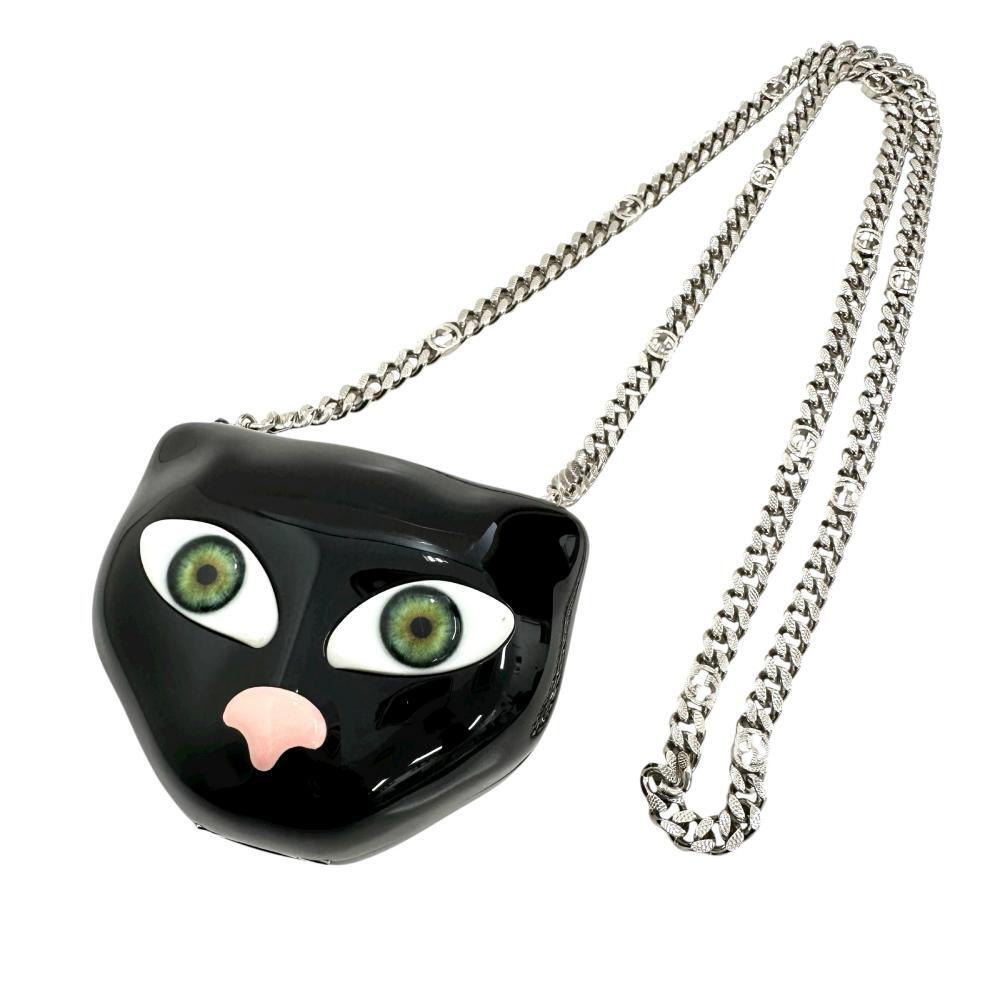 GUCCI/グッチ キャット チェーンポーチ ネックレス ショルダーバッグ メタル ブラック レディース拍卖