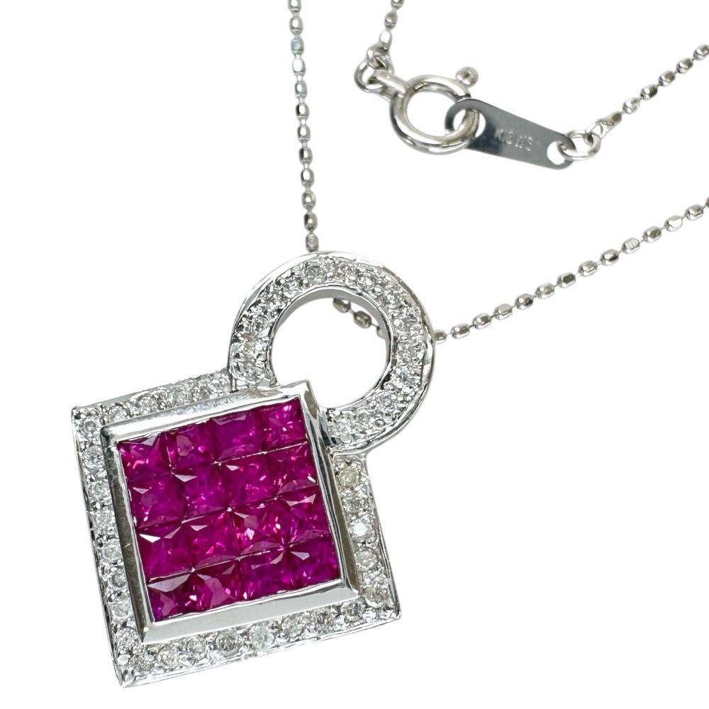 ミステリーセッティングルビー 1.30ct ダイヤモンド 0.18ct ネックレス K18WGホワイトゴールド 4.9g 40cm レディース拍卖