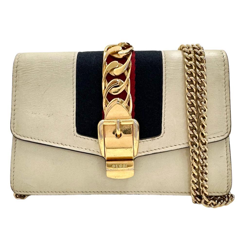 GUCCI/グッチ 494646 シルヴィ ミニチェーン ショルダーバッグ レザー ホワイト レディース拍卖