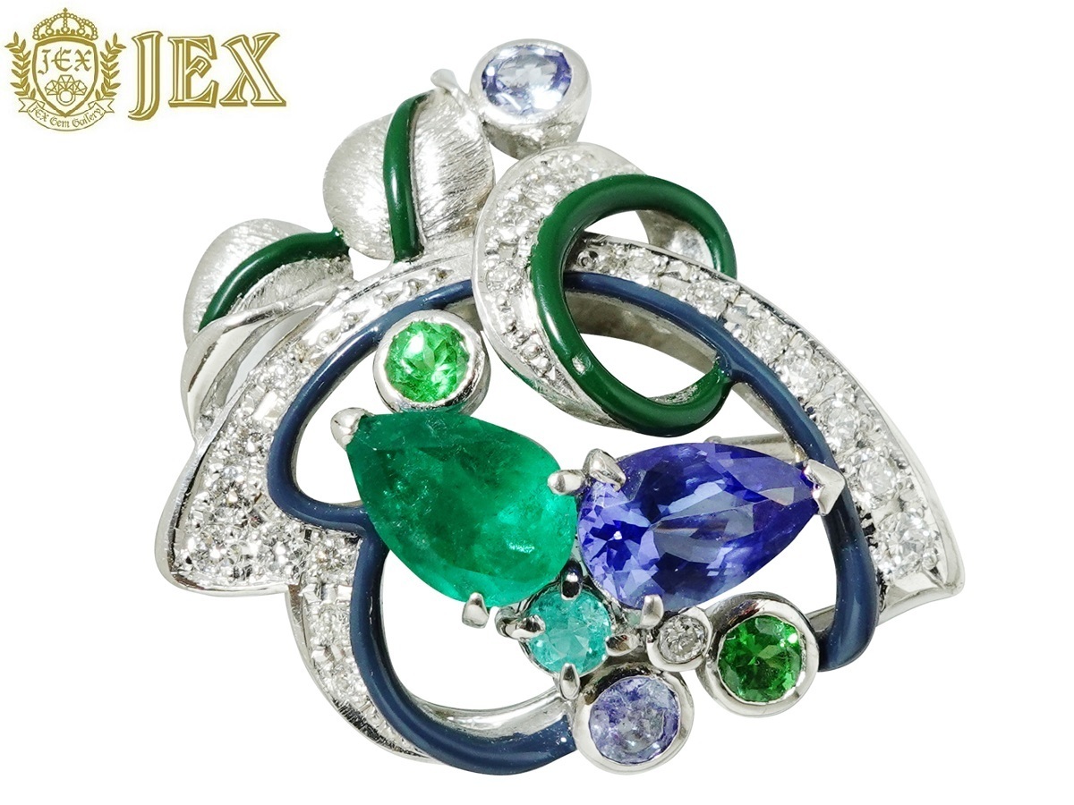 Tanzanite Pt900タンザナイト エメラルド グリーンガーネット ダイヤモンド エナメルブローチ NO.305344拍卖