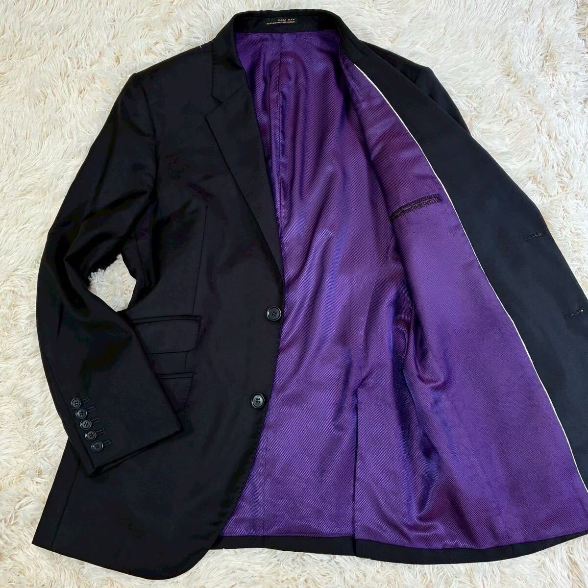 美品 XXXLサイズ ZARA MAN テーラードジャケット メンズ ビジネス 光沢 裏地 紫 パープル スーツ ブラック 黒 52 4L 2XL 高級感 ザラ マン拍卖