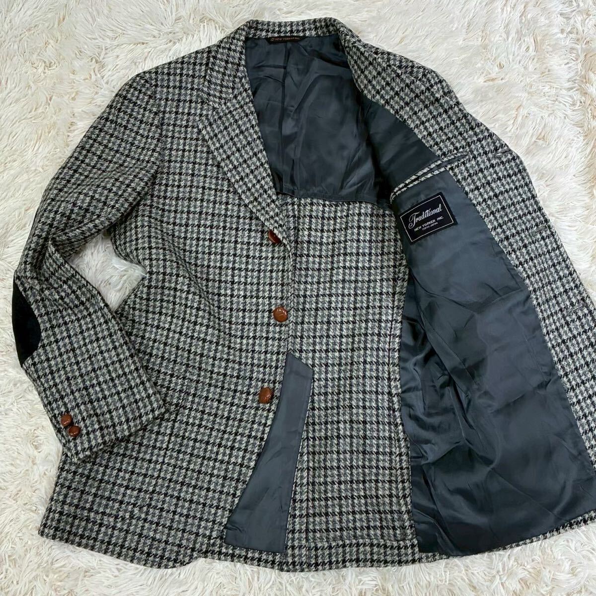 美品 Lサイズ ニューヨーカー テーラードジャケット 千鳥 チェック エルボーパッチ くるみボタン 段返り ツイード メンズ スーツ グレー拍卖
