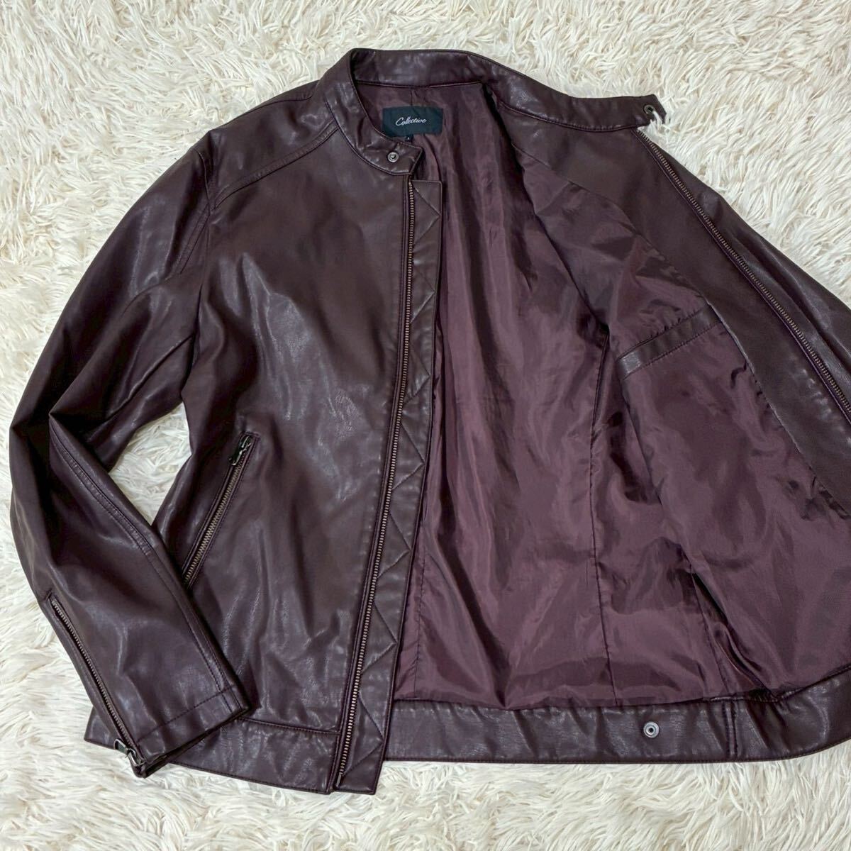 未使用級 Lサイズ メンズビギ ライダース ボルドー シングル レザージャケット 秋冬 ワインレッド メンズ アウター 春拍卖