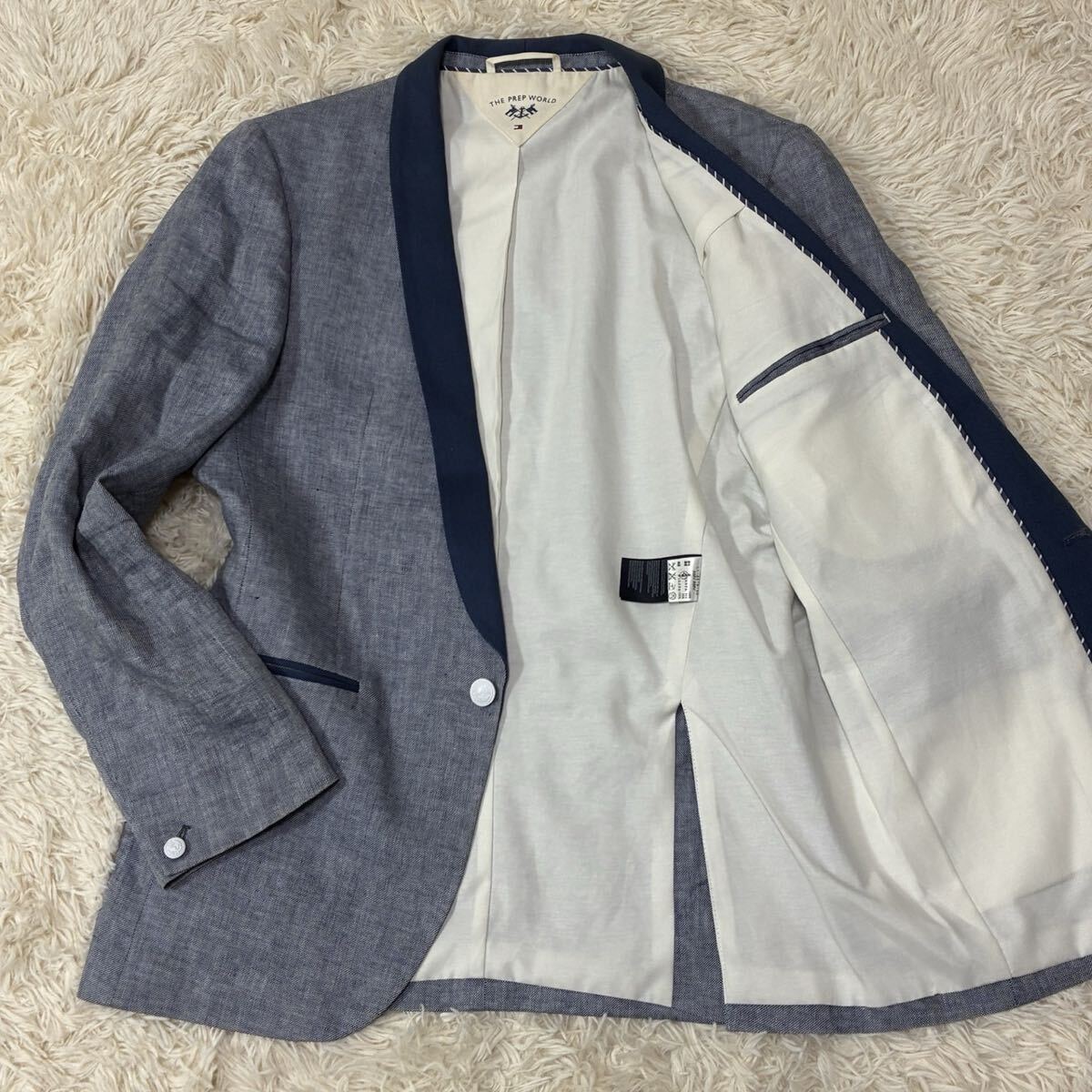 未使用級 XL相当 トミーヒルフィガー リネン100% テーラードジャケット メンズ ブルー 最高級ライン THE PREP WORLD 麻 スーツ 青 春夏 秋拍卖