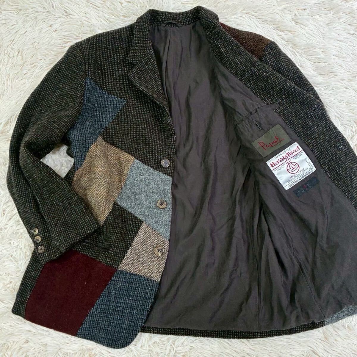 極美品 XL ハリスツイード x パパス テーラードジャケット パッチワーク スーツ メンズ Harris Tweed 50 LL マルチ レザー 牛革 クレイジー拍卖