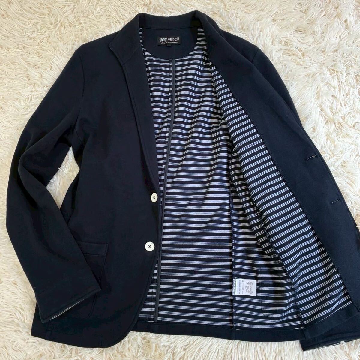 極美品 XL相当 BEAMS ストレッチ テーラードジャケット メンズ スーツ アンコン ボーダー ネイビー 秋 伸縮 機能性 ビームス コットン 紺拍卖