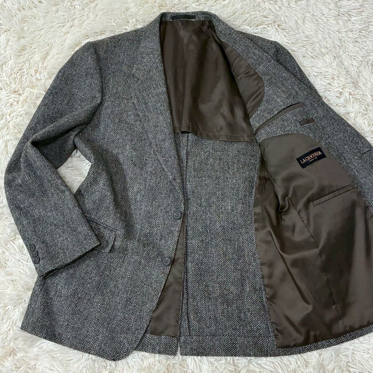 未使用級 XL イタリア製 LA GIOCONDA テーラードジャケット ミックスツイード ストレッチ グレー メンズ スーツ 秋冬 A-7 LL 背抜 春 秋冬拍卖