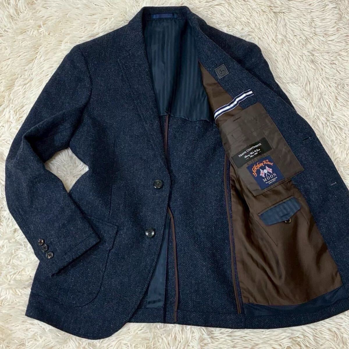 未使用級 L相当 TRANS CONTINENTS x MOON へリンボーン ストレッチアンコン トラベル ネイビー パイピング 秋冬 ツイード メンズ スーツ拍卖