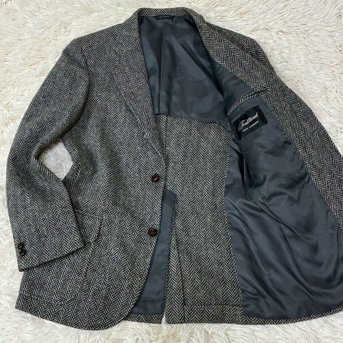 美品 Lサイズ ニューヨーカー テーラードジャケット 最高級ライン メンズ ヘリンボーン ストレッチ くるみTraditional グレー 日本製 秋冬拍卖