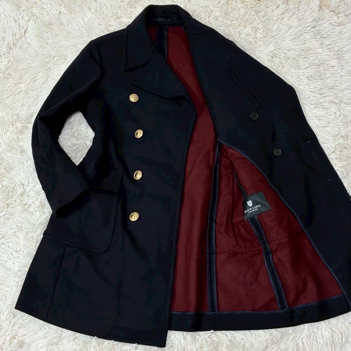 極美品 Lサイズ BLACK LABEL GRESTBRIDGE マリンコート ロング ネイビー ボルドー金ボタンパイピングメンズアウター ダブル メルトン 濃紺拍卖