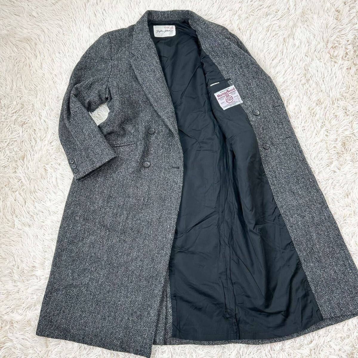 極美品 XL ハリスツイード 着丈115cm チェスターコート ダブル ヘリンボーン ロング グレー メンズ ビジネス Harris Tweed 秋冬 高級感拍卖