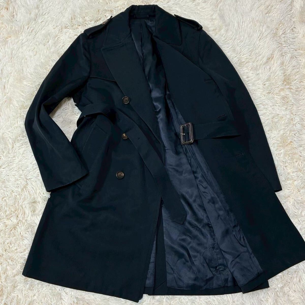 美品 ラルディーニ トレンチコート ダブル ブラック メンズ ビジネス ロング 秋冬 ベルト付 高級感 コットン綿 LARDINI アウター黒拍卖