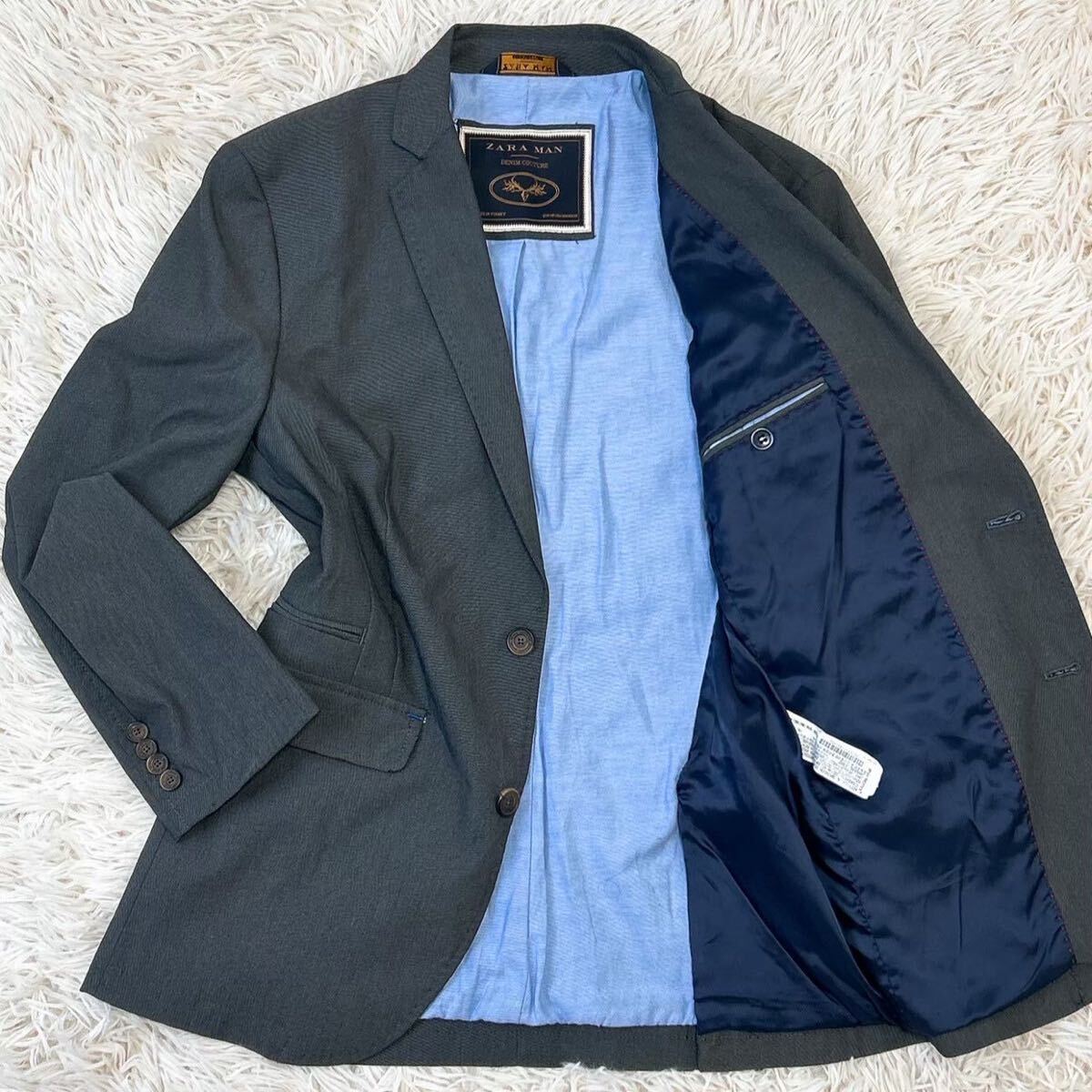 美品 Lサイズ ZARA MAN デニム調 テーラードジャケット メンズ スーツ 48 グレー 高級感 裏地 ブルー 秋冬 灰色 ステッチ 綿 コットン拍卖