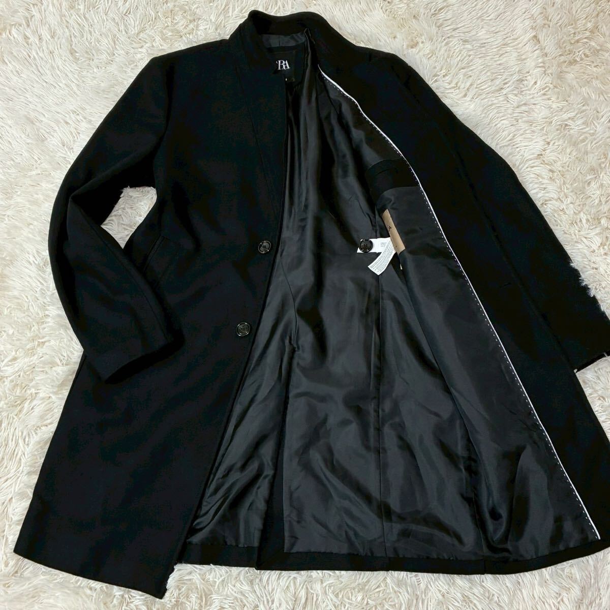 極美品 Lサイズ ZARA イタリア製 現行 チェスターコート TESSUTI社 着丈100㎝ ブラック メンズ アウター ビジネス 最高級ウール 黒 高級感拍卖