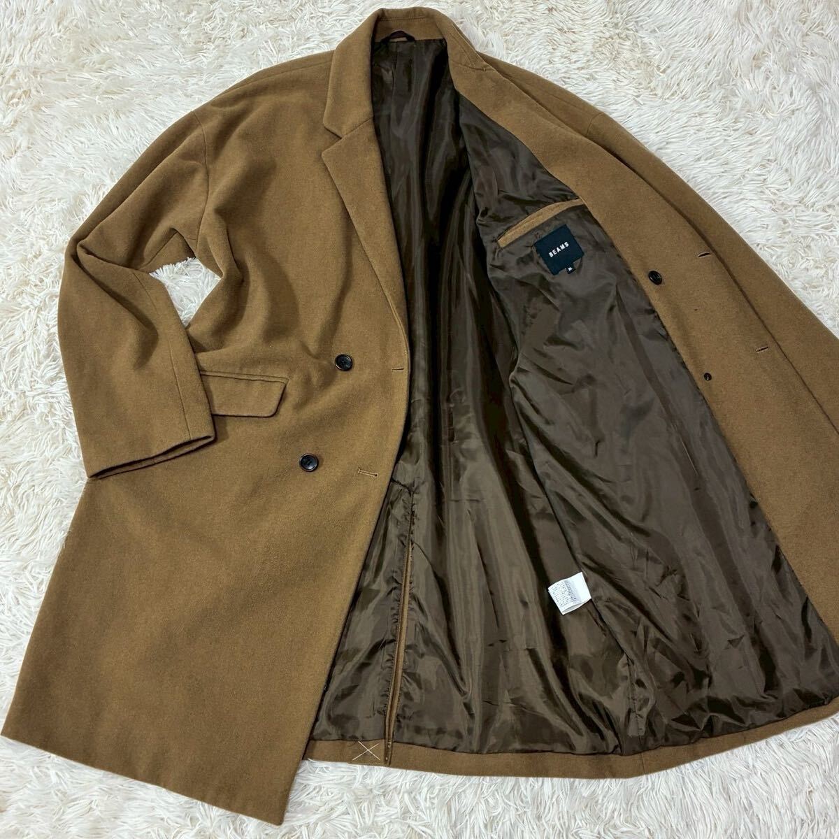 極美品 XLサイズ BEAMS 現行 チェスターコート キャメル 着丈100㎝ メンズ アウター ビジネス 高級感 秋冬 ダブル スーツ ビームス 春拍卖