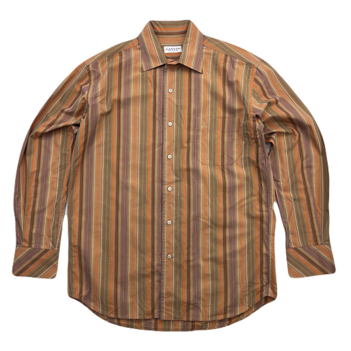 LANVAN 長袖シャツ ワイシャツ ブラウン コットン製 メンズ Mサイズ ストライプ ●CE390拍卖