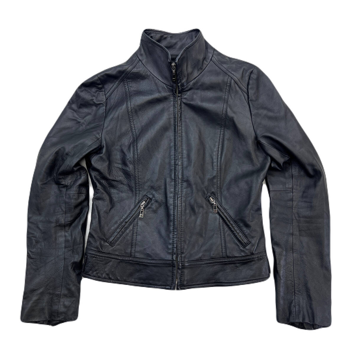iCB レザージャケット ラムレザー 細身 羊革 ブラック 黒 レディース 9号 ●DG358拍卖