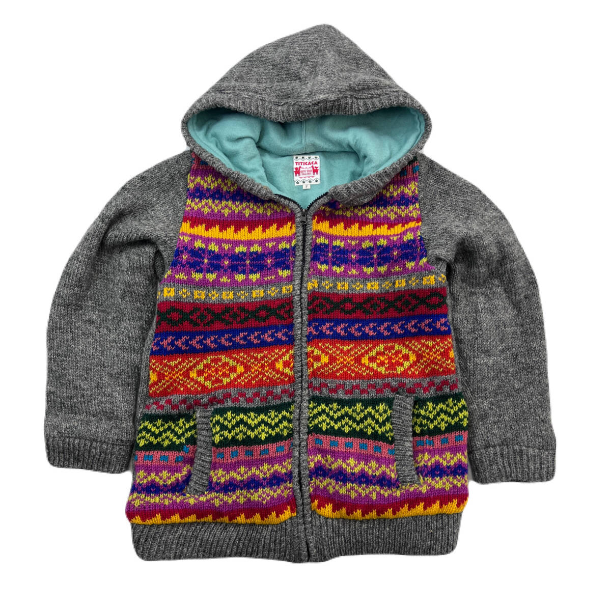 チチカカ ニット ジャケット 裏フリース グレー ネイティブ柄 民族柄 Fサイズ レディース パーカー ●C421拍卖