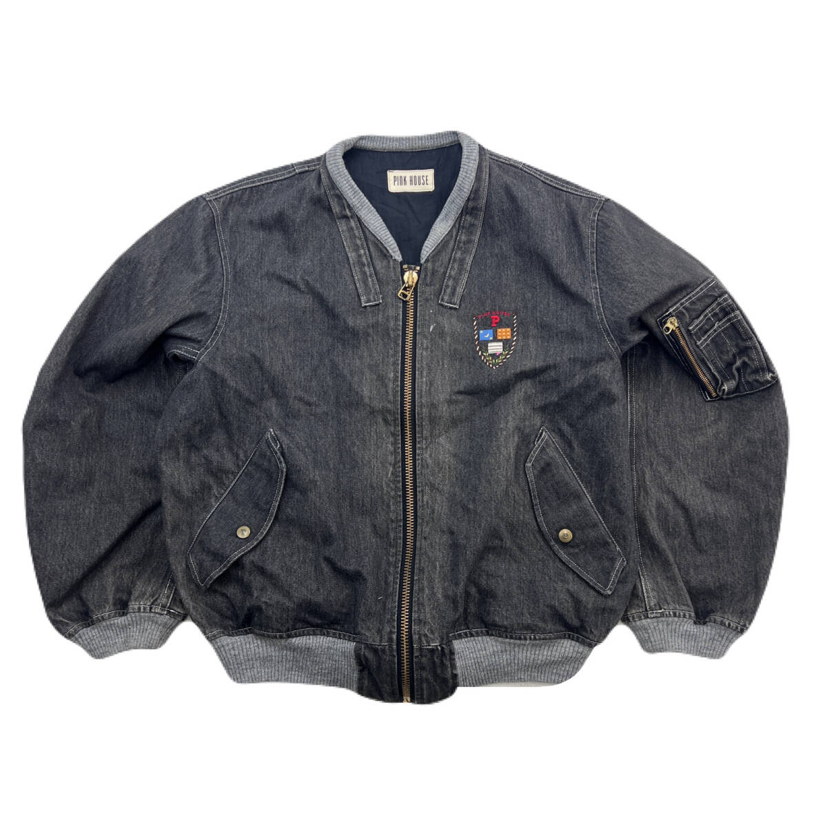 ピンクハウス デニム スタジャン スタジアムジャケット ロゴ入り フリーサイズ ビッグシルエット ダークグレー 灰色 ●D363拍卖
