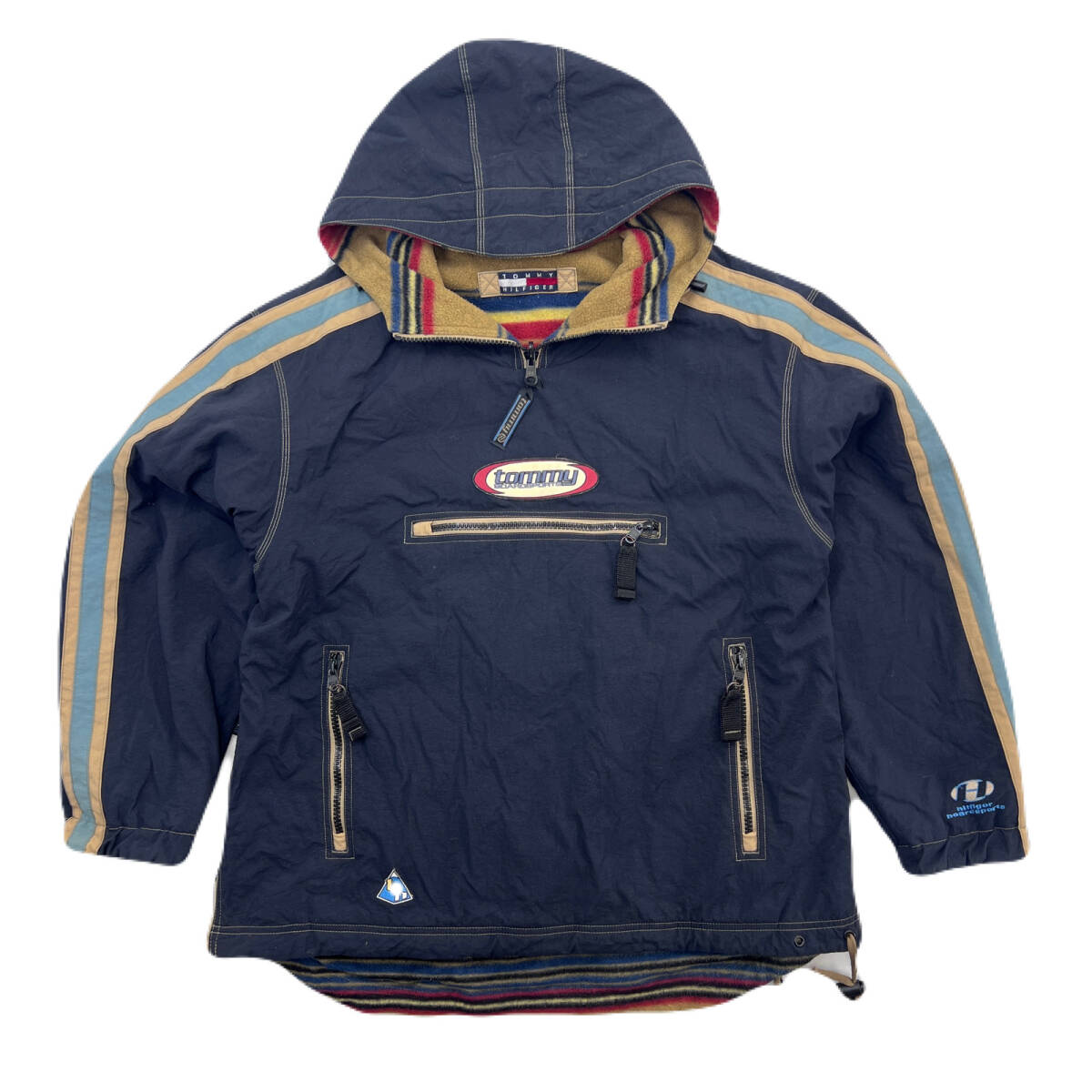 トミーヒルフィガー 裏フリース プルオーバー ナイロンジャケット パーカー メンズ Mサイズ フェードブラック 黒 厚手 防寒 ●D358拍卖