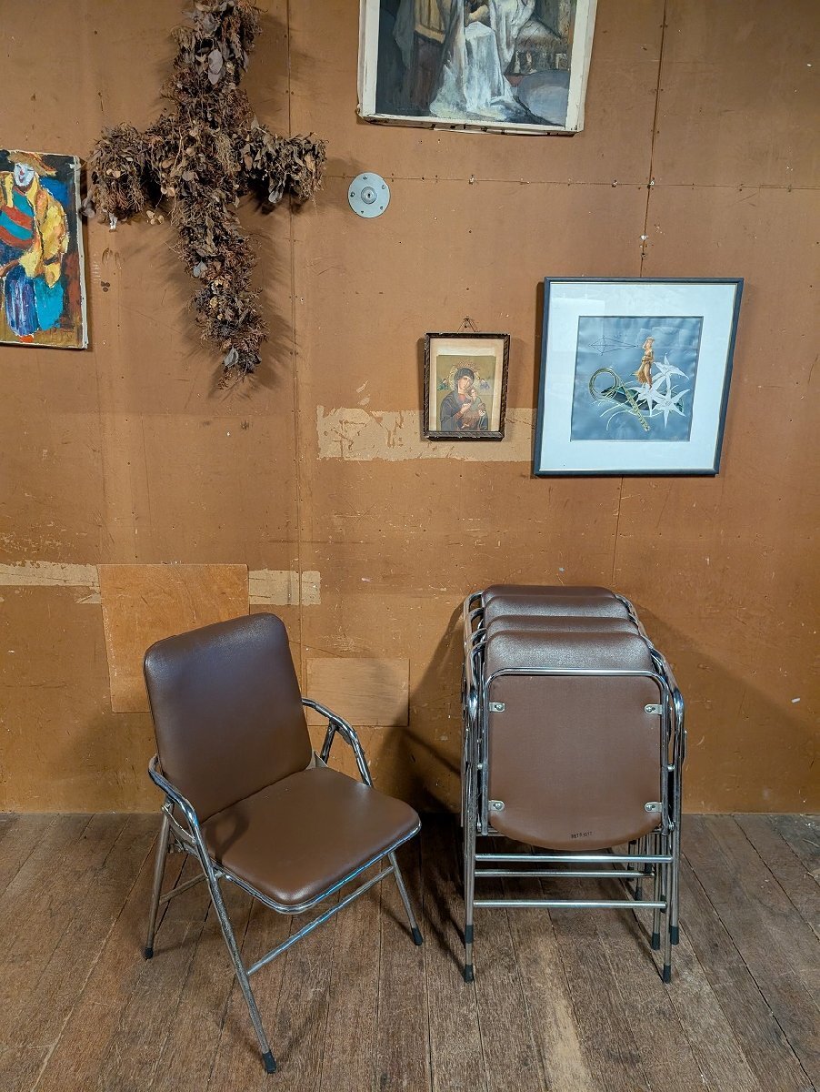 在庫2脚 ヴィンテージ 折りたたみ 椅子 フォールディング アームチェア パイプ イス ブラウン 茶色/ビンテージ インダストリアル 工業系拍卖