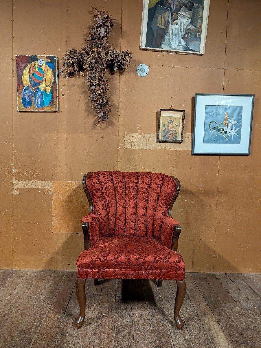 イタリア クラッシック シェルバック ウイングバック 1P ソファ/アンティーク ビンテージ ビンテージ ワインレッド拍卖