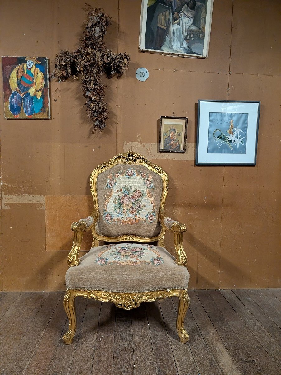 ゴールド 金彩 Louis XV ルイ15世 アームチェア 1P シングル ソファ 椅子 ロココ様式/ジャガード刺繍アンティーク ヴィンテージ ビンテージ拍卖