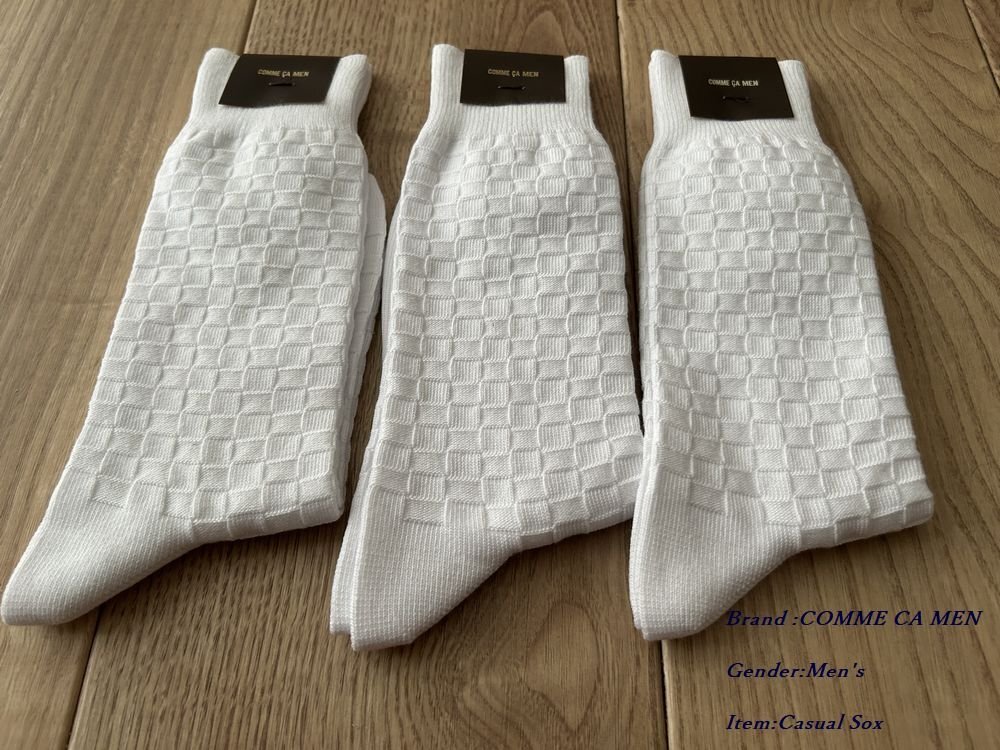 新品 COMME CA MEN コムサメン 日本製 ジャカード市松柄 クルーソックス 3足SET 01ホワイト Fサイズ(25-27) 54QC03 総額5,940円拍卖