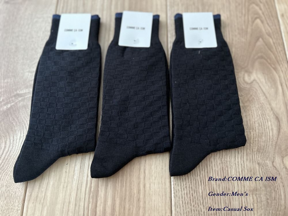 新品 COMME CA ISM MEN コムサイズム 抗菌防臭加工 かわいい市松柄 クルーソックス 09ネイビー 3足SET 25-27cm拍卖