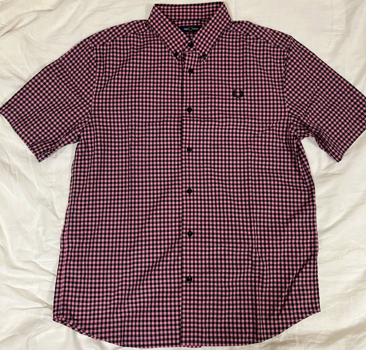 FRED PERRY フレッドペリー 2カラー ギンガム チェック シャツ ボタンダウン ピンク 黒 半袖 M8569 L サイズ 古着 モッズ パンク スキンズ拍卖