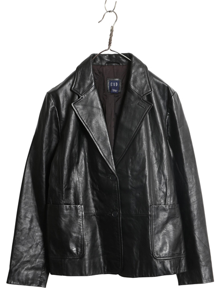00s オールド ギャップ 本革 レザー テーラード ジャケット レディース L 程 革ジャン ブレザー ライナー付き 牛革 ショート丈 シンプル 黒拍卖