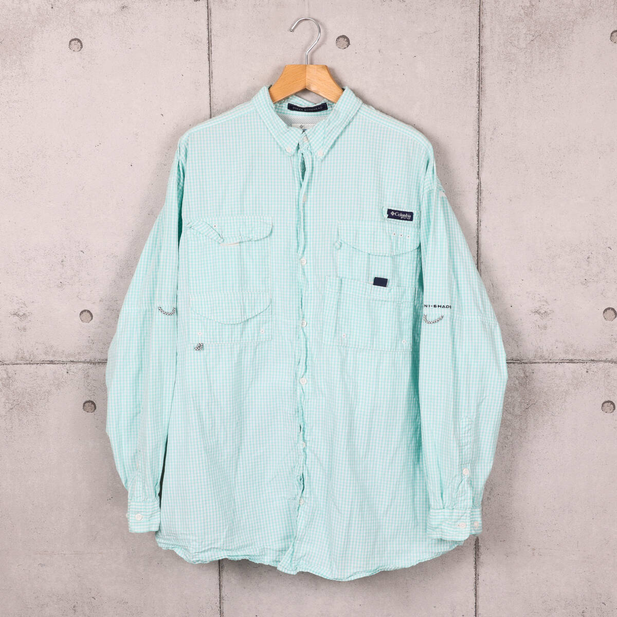 Columbiaコロンビア◆PFG ギンガムチェック フィッシングシャツ◆ターコイズ×ホワイト◆サイズXL拍卖