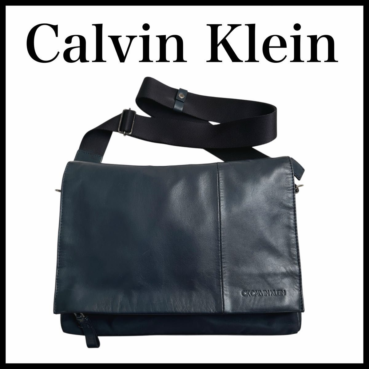 Calvin Klein ショルダーバック ネイビー 無地 メンズ CK レザー拍卖