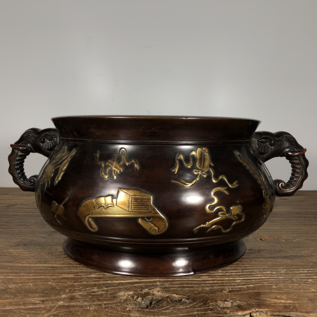 ◆珍蔵◆中国古美術 大明崇禎年製款 古銅製 紫銅 塗金 高浮雕 八宝紋愽古双耳炉 細密細工造 置物 擺件 古賞物 骨董品 時代物 A13拍卖