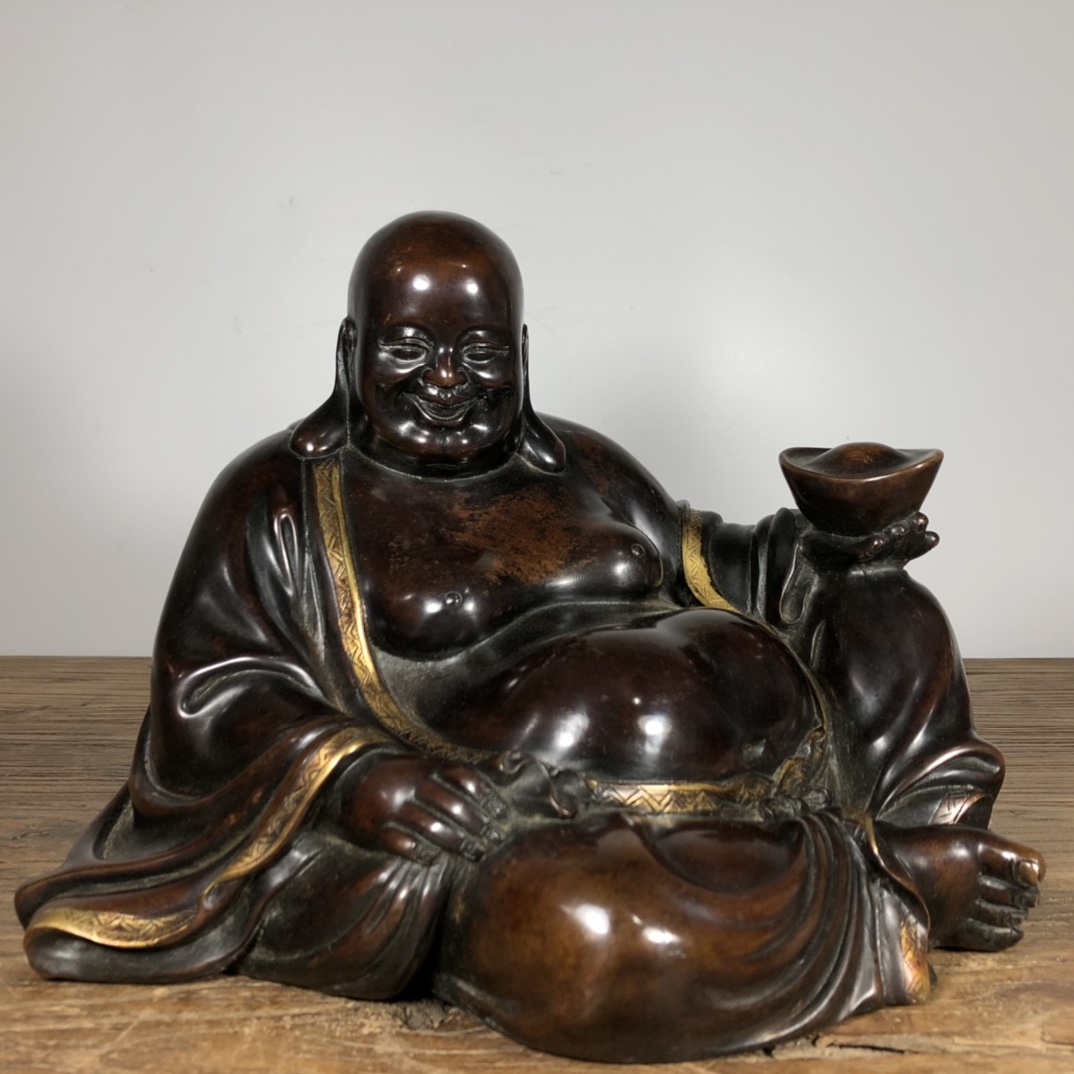 ◆珍蔵◆中国古美術 明時代 古銅製 紫銅塗金 大肚弥勒笑仏 元寶和尚 仏造像 細密細工造 置物 擺件 古賞物 骨董品 時代物 A13拍卖