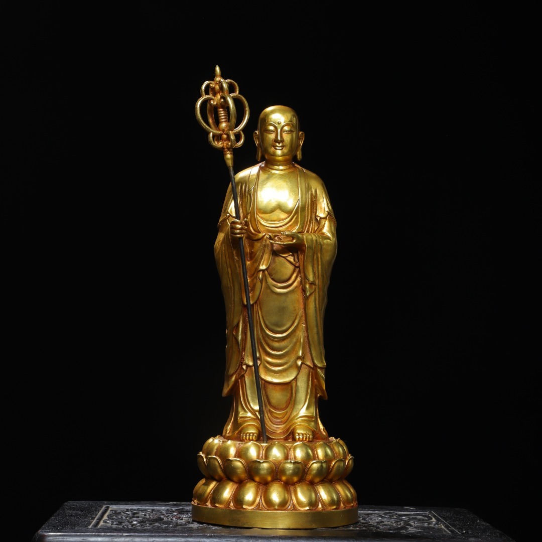 ◆珍蔵◆中国古美術 明時代 古銅製 塗金 地藏王 仏造像 細密細工造 置物 擺件 古賞物 骨董品 時代物 A01拍卖