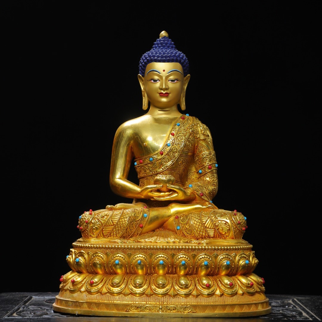 ◆珍蔵◆中国古美術 明時代 古銅製 銅塗金 嵌多寶 釈迦牟尼  仏造像 細密細工造 置物 擺件 古賞物 骨董品 時代物 A01拍卖