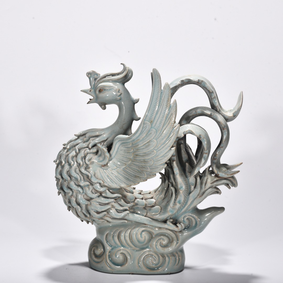 ◆珍蔵◆中国古美術 宋時代 汝窯 天青釉 古陶磁 鳳凰 細密細工造 置物 擺件 骨董品 古賞物 時代物 T18拍卖