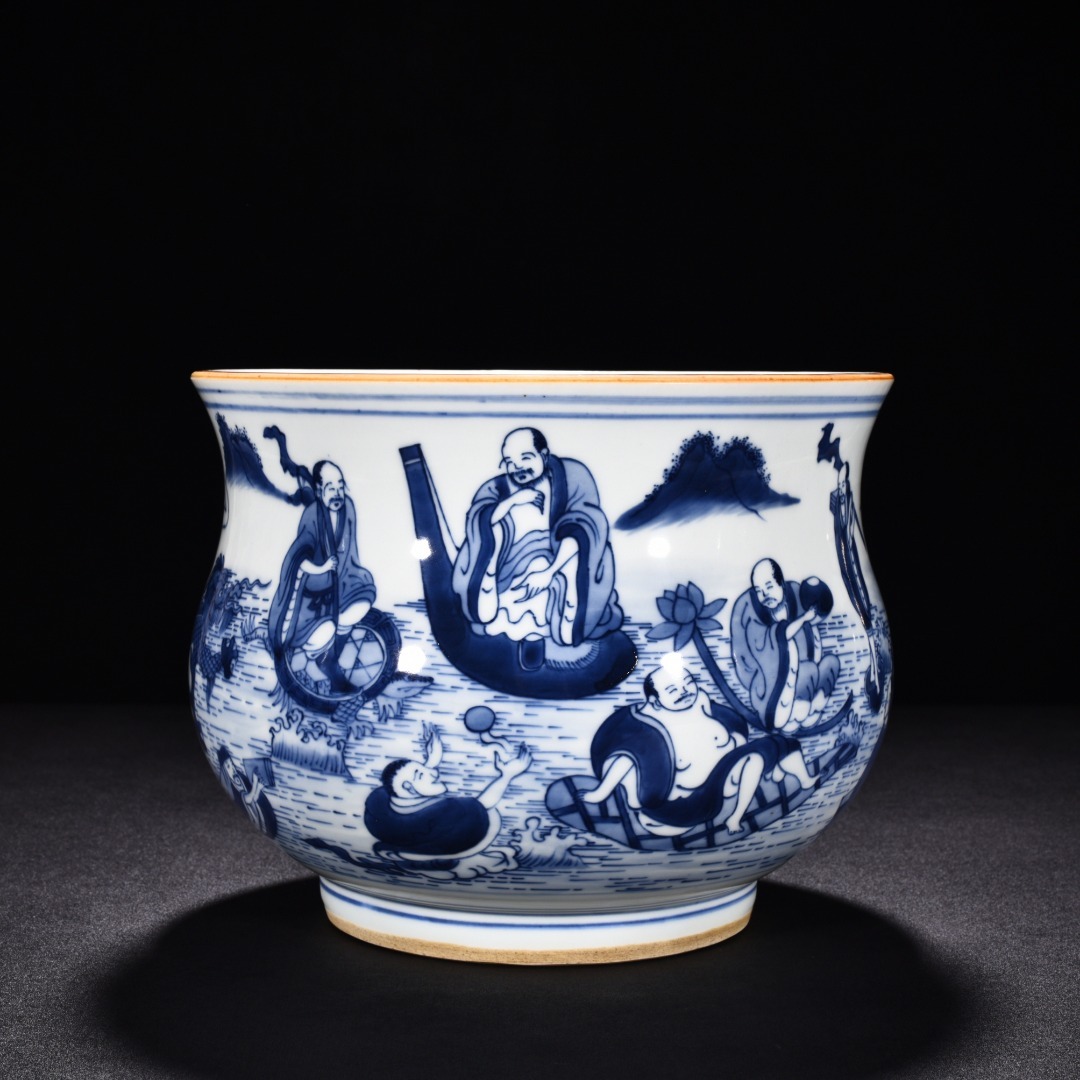 ◆珍蔵◆中国古美術 大明順治年製 青花 古陶磁 十八羅漢図人物鉢 細密細工造 置物 擺件 骨董品 古賞物 時代物 T18拍卖