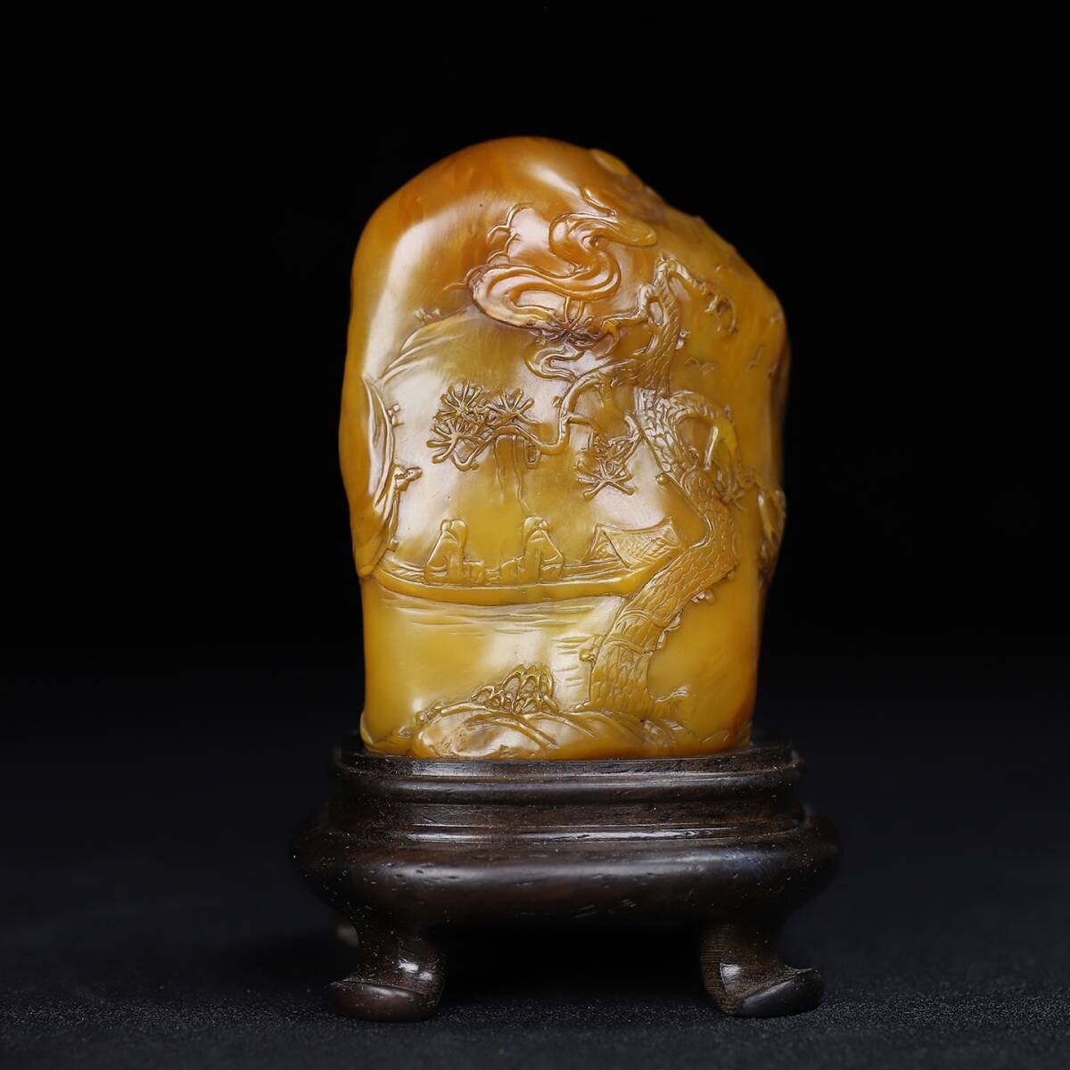 ◆珍蔵◆中国古美術 古寿山石 田黄石彫り山水人物故事図 印章 精品 時代箱 細密細工造 置物 擺件 古賞物 骨董品 時代物 A17拍卖